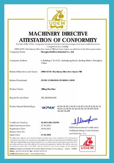 Certificat de màquina d'ompliment